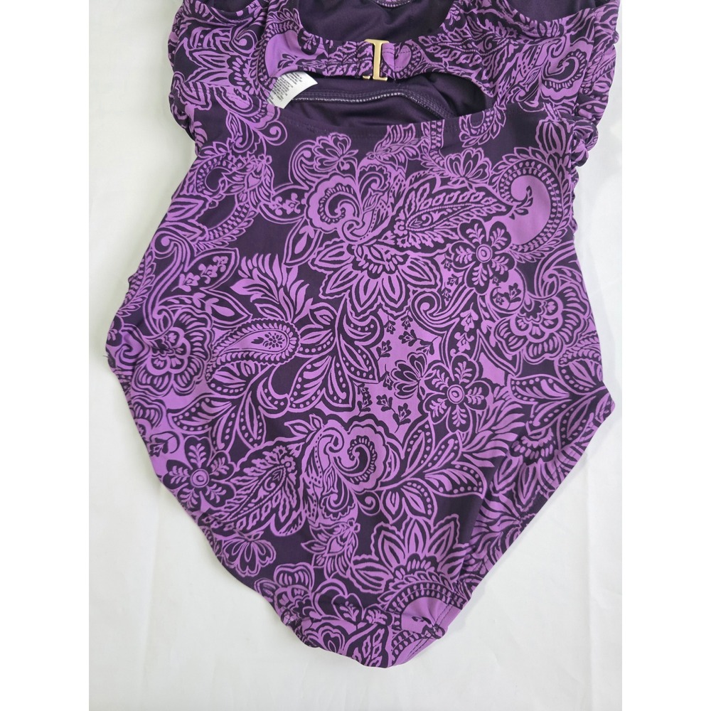 LandsEnd Purple Paisley One Piece Swimsuit UPF50 Ruched Hook Back XS 1956311 NWT - Picture 10 of 16